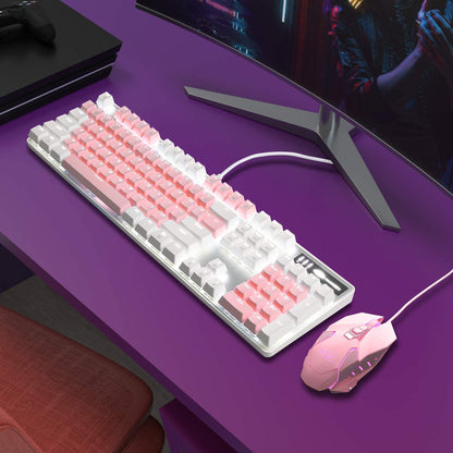 Mechanical Gaming Keyboard,  New Upgraded Blue Switch 104 Keys White Backlit Keyboards, USB Wired Mechanical Computer Keyboard for Laptop, Desktop, PC Gamers(White & Pink)