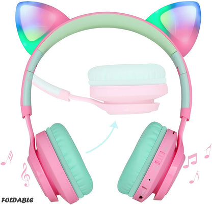 CT-7 Cat Ear Bluetooth Headphones, LED Light up Bluetooth Wireless over Ear Headphones with Microphone and Volume Control for Iphone/Ipad/Smartphones/Laptop/Pc/Tv