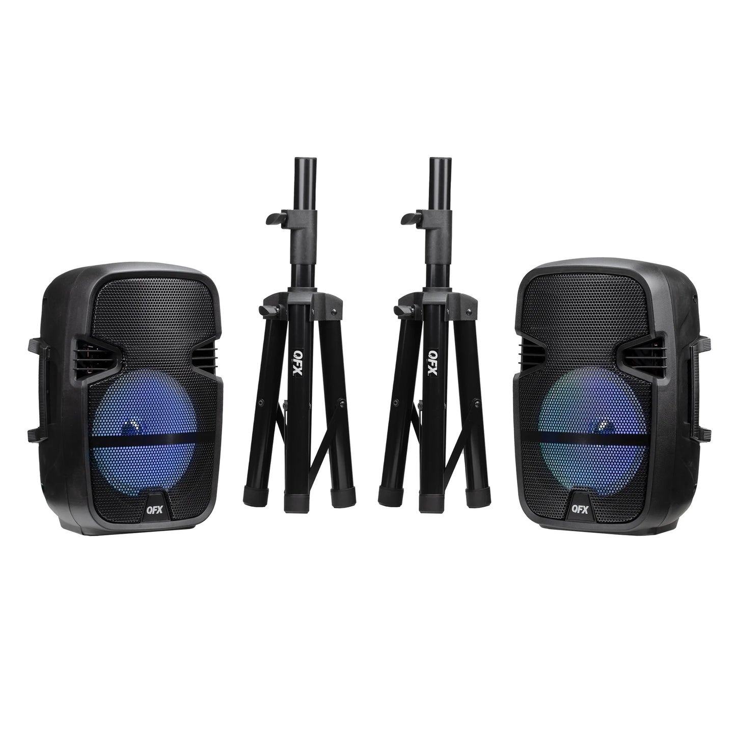 PBX-808TWS TWO 8 INCH PORTABLE PA SPEAKER SYSTEMS with 2 SPEAKERS, 2 SPEAKER STANDS, 2 WIRED MICROPHONES and 2 REMOTES